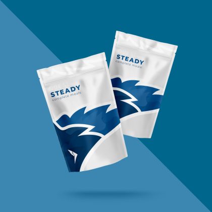 Two Queal Steady Standard pouches, set against a background with dark blue and light blue colours.