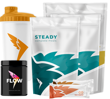 Queal Try Out Deal products including Steady complete meals, Ready-to-drink meal, GO bar, Flow pre-workout, and a shaker bottle.